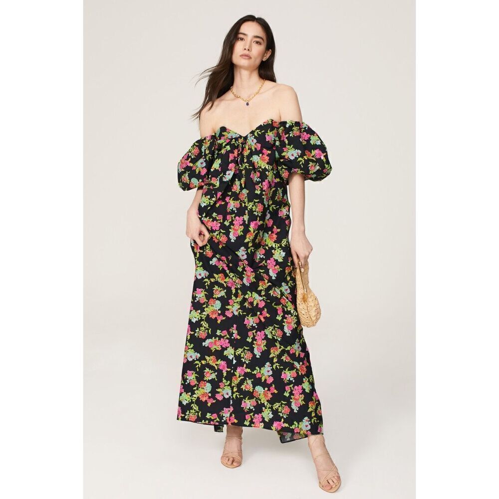 Caroline Constas Black Floral Off-Shoulder Maxi with Pink & Green Blooms